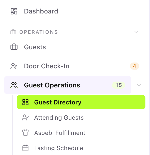 Operations group in the admin sidebar showing Door Check-In with a warning badge and the expandable Guest Operations workspace